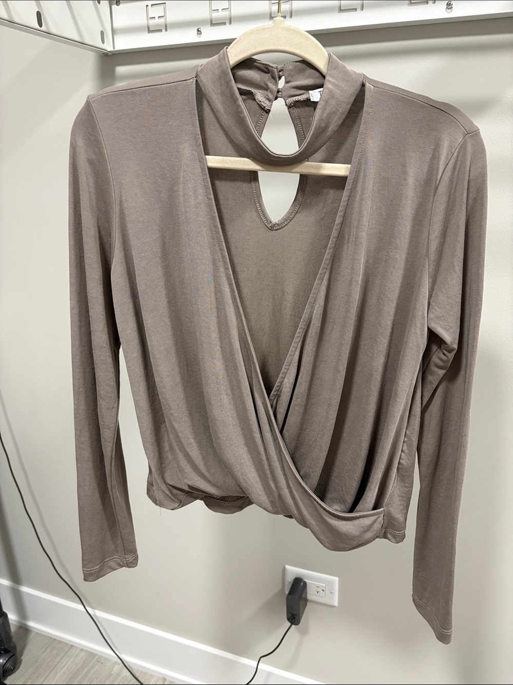 Tobi Taupe Long-Sleeve Wrap Top with Keyhole Neck